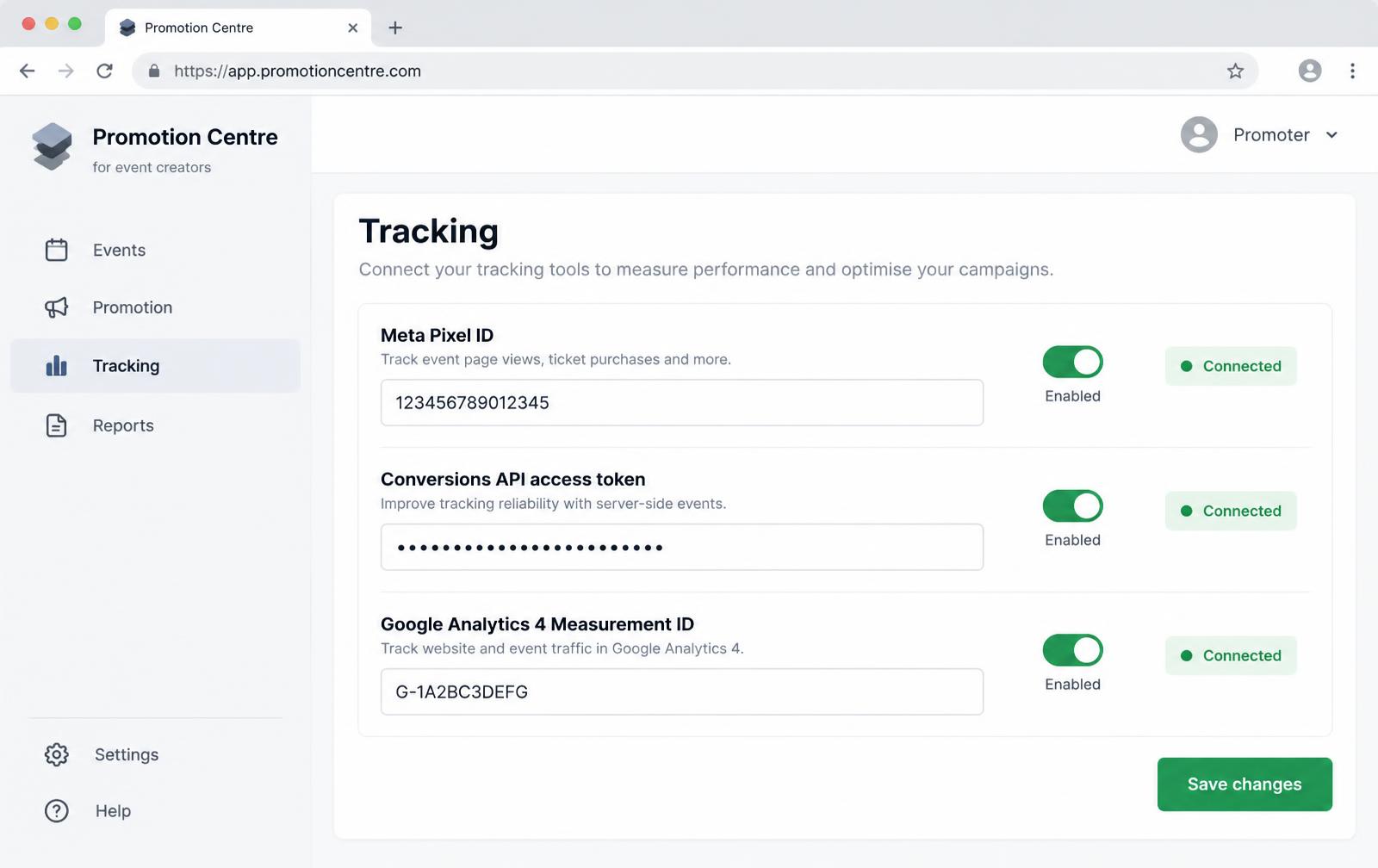 Illustrative mock-up of a promoter dashboard tracking screen with pixel, Conversions API and GA4 fields